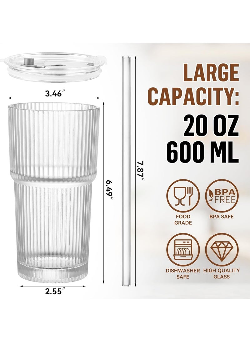 Large Capacity Thickened Glass Water Cup with Lid and Straw - Vertical Stripe Design