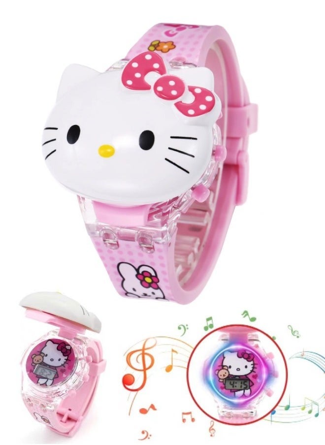 Hello Kitty Cartoon Children's Watch, Children's Watch Toy with Light Effect, Kids Electronic Watch with Music, Flip-top Watch for Kids