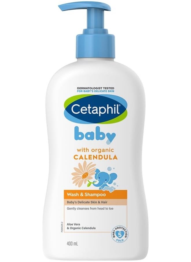 Baby Wash And Shampoo, Moisturizer Gentle Cleanser, Foaming Wash With Organic Calendula, Unscented, 400Ml