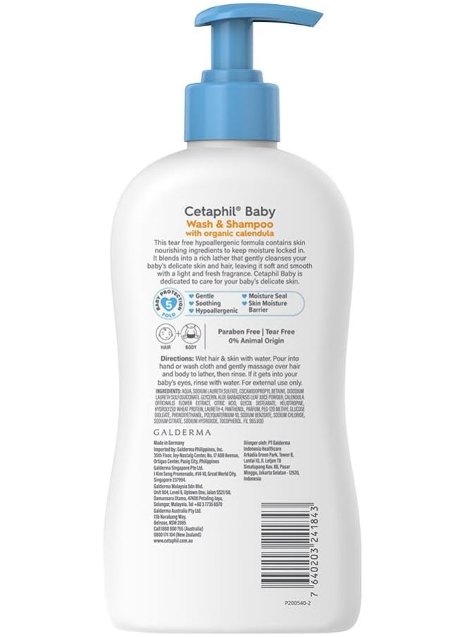 Baby Wash And Shampoo, Moisturizer Gentle Cleanser, Foaming Wash With Organic Calendula, Unscented, 400Ml