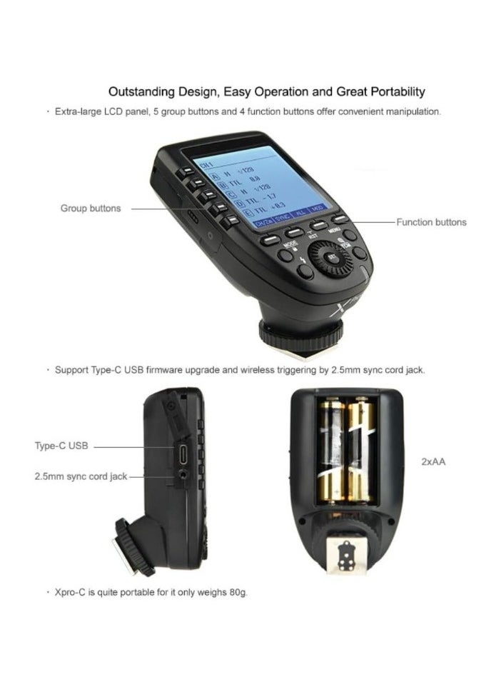 XPROC 2.4G Wireless Flash Trigger, High Speed Sync Flash Transmitter, Extra Large LCD Screen Flash Control Trigger With Stable And Seamless Connection, (XPROC, For Canon Camera)