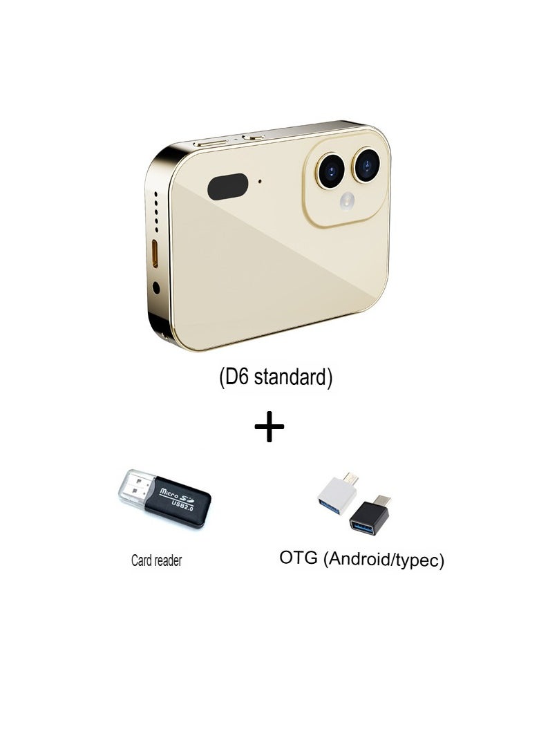 D6 4K 64MP Digital Camera, 3 Inch HD Touch Screen Portable Video Recording Camera With Triple Lens, Manual Focus Compact Action Camera For Vlogging, (Gold Camera With Card Reader Plus Android Type C OTG)