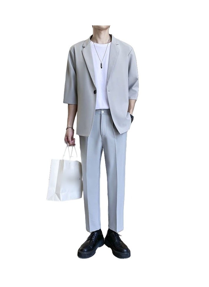 Summer Thin Loose Fitting Men's Two-piece Suit With Mid Sleeves