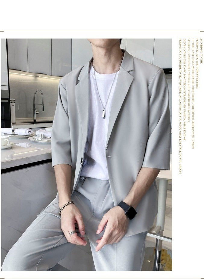 Summer Thin Loose Fitting Men's Two-piece Suit With Mid Sleeves