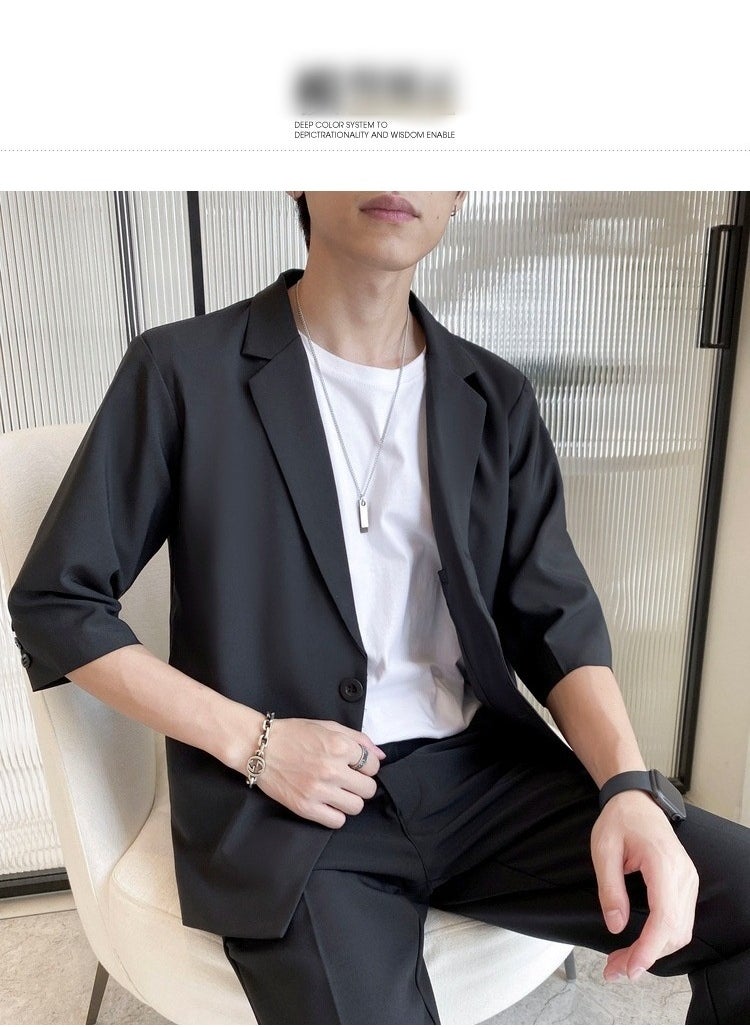 Summer Thin Loose Fitting Men's Two-piece Suit With Mid Sleeves