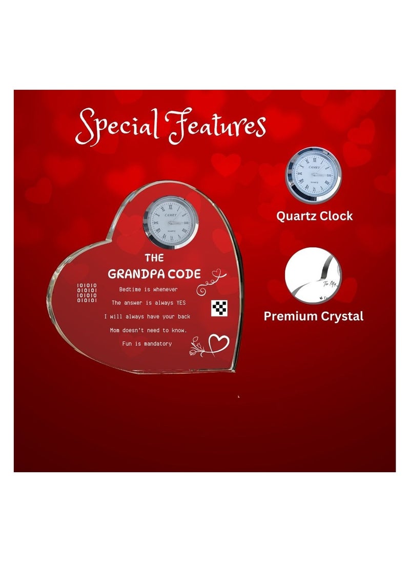 Grandpa Gift–Heart-Shaped Crystal Glass Clock Keepsake|Elegant Display For Home&Office|Thoughtful Gift For Grandfathers On Birthdays,Anniversaries