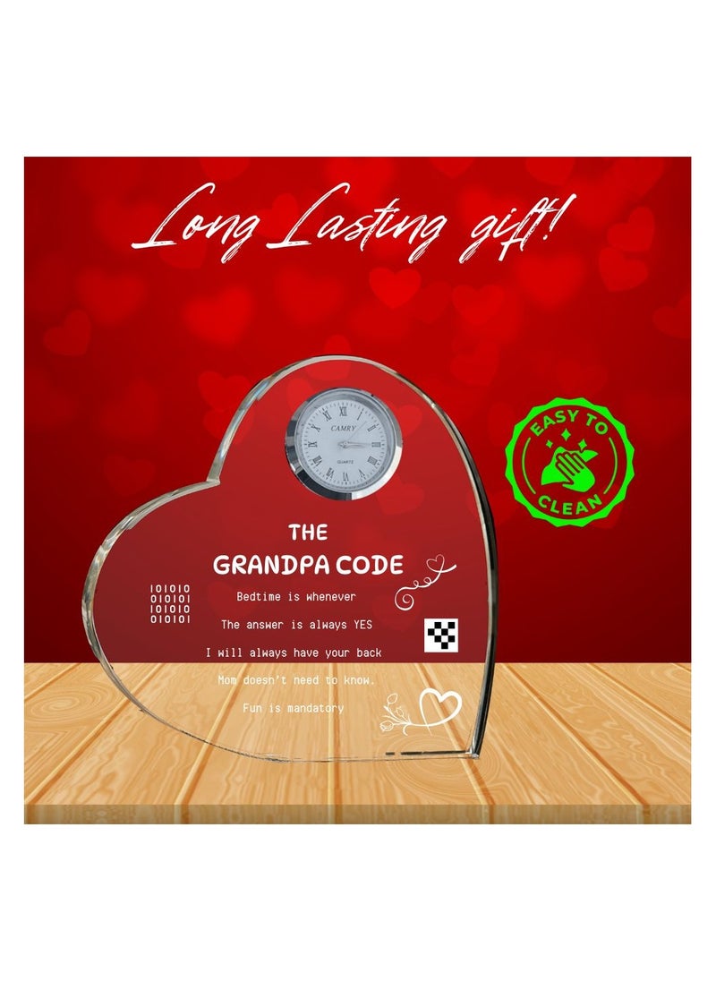 Grandpa Gift–Heart-Shaped Crystal Glass Clock Keepsake|Elegant Display For Home&Office|Thoughtful Gift For Grandfathers On Birthdays,Anniversaries