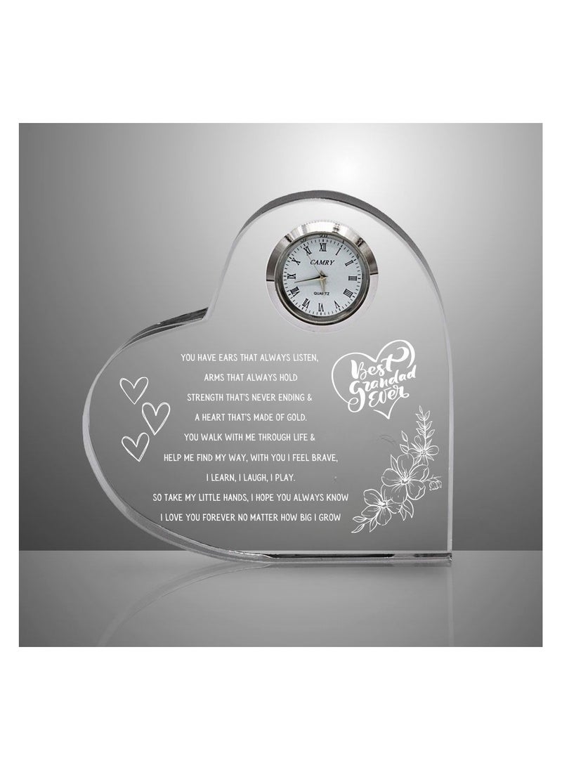 Grandpa Gift–Heart-Shaped Crystal Glass Clock Keepsake|Elegant Display For Home&Office|Thoughtful Gift For Grandfathers On Birthdays,Anniversaries