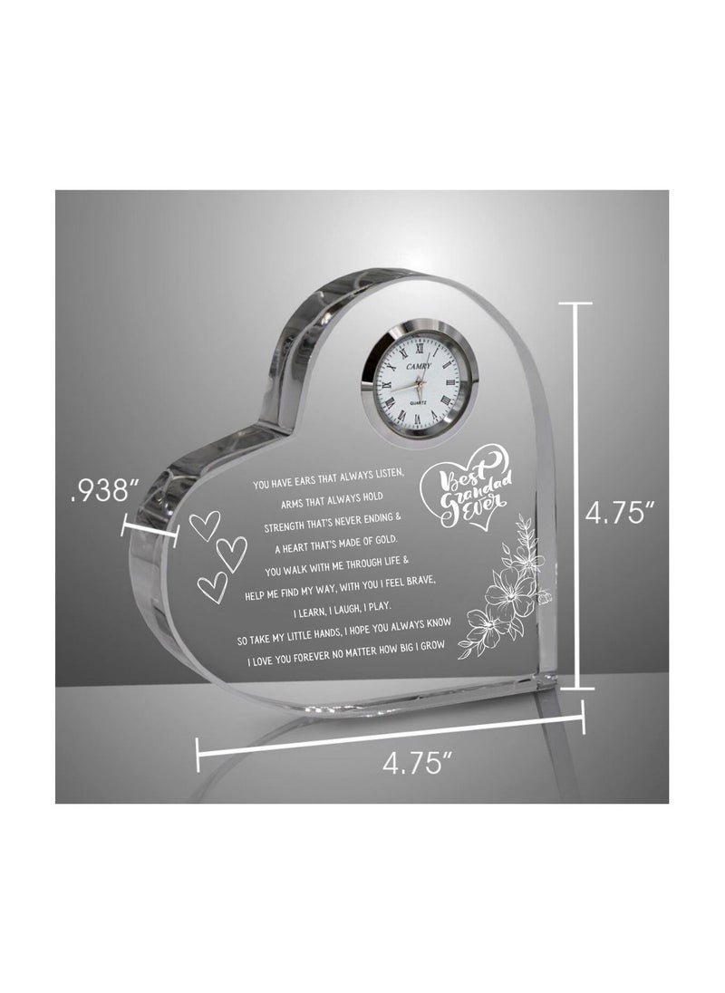 Grandpa Gift–Heart-Shaped Crystal Glass Clock Keepsake|Elegant Display For Home&Office|Thoughtful Gift For Grandfathers On Birthdays,Anniversaries