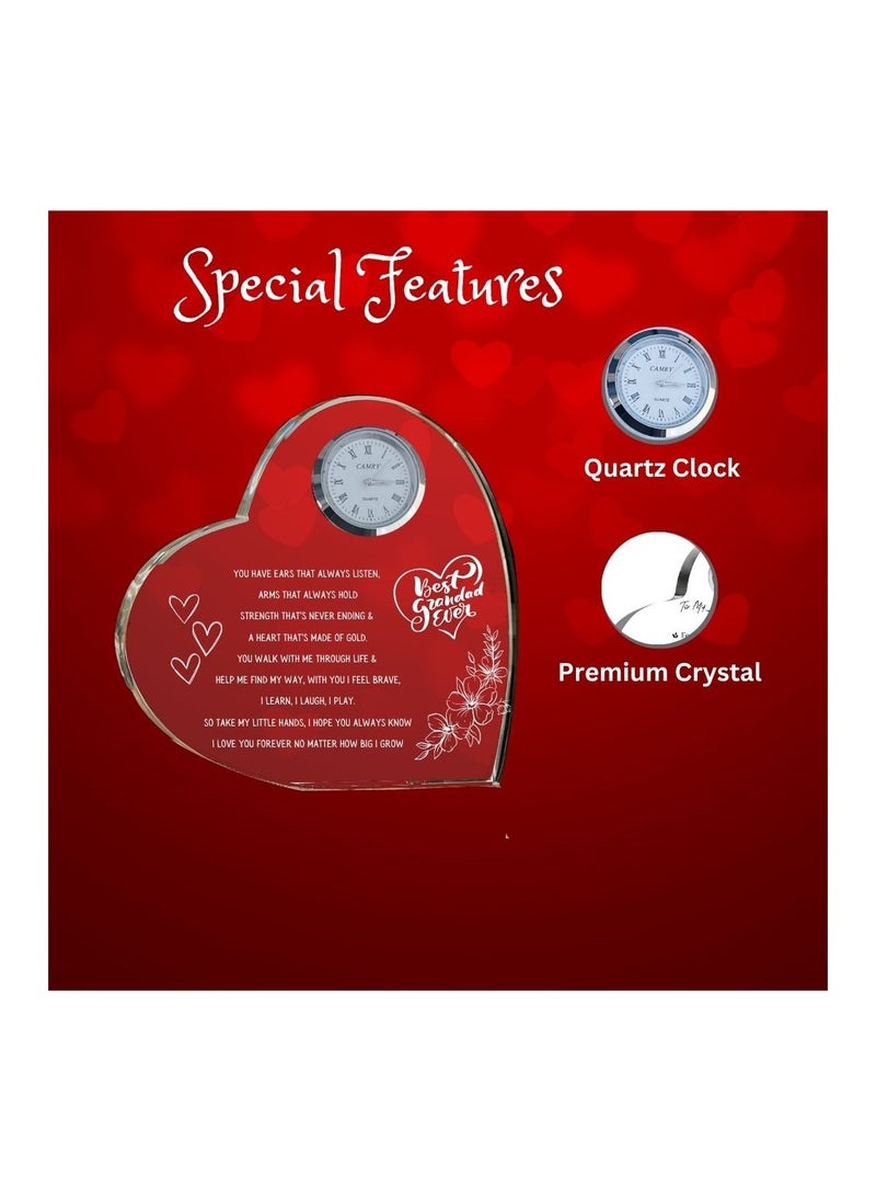 Grandpa Gift–Heart-Shaped Crystal Glass Clock Keepsake|Elegant Display For Home&Office|Thoughtful Gift For Grandfathers On Birthdays,Anniversaries