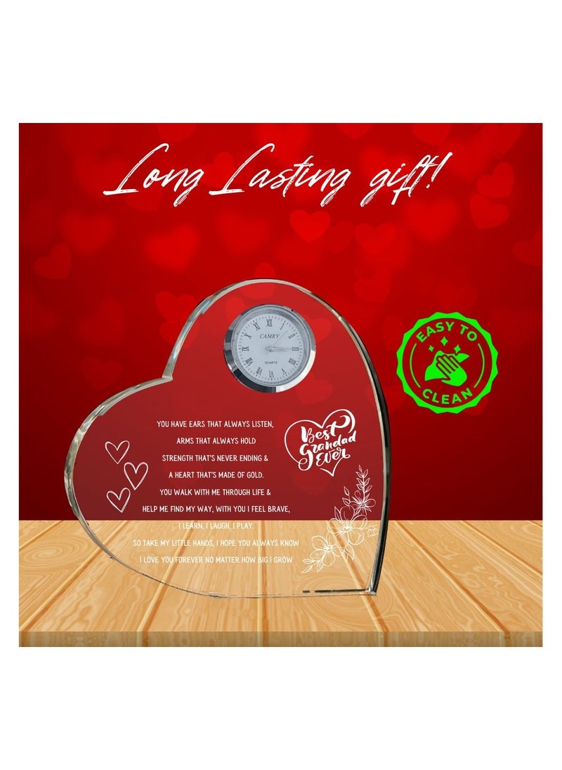 Grandpa Gift–Heart-Shaped Crystal Glass Clock Keepsake|Elegant Display For Home&Office|Thoughtful Gift For Grandfathers On Birthdays,Anniversaries