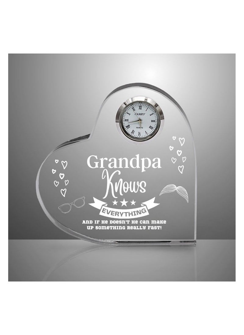 Grandpa Gift–Heart-Shaped Crystal Glass Clock Keepsake|Elegant Display For Home&Office|Thoughtful Gift For Grandfathers On Birthdays,Anniversaries
