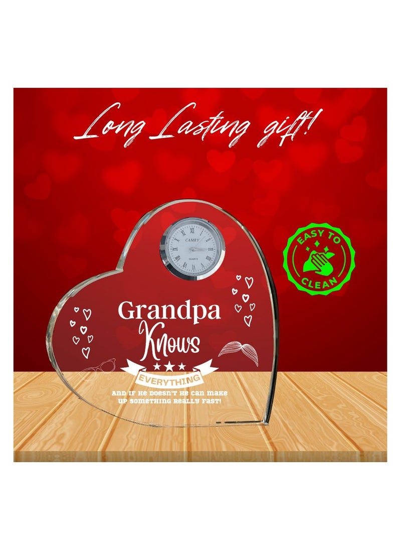 Grandpa Gift–Heart-Shaped Crystal Glass Clock Keepsake|Elegant Display For Home&Office|Thoughtful Gift For Grandfathers On Birthdays,Anniversaries