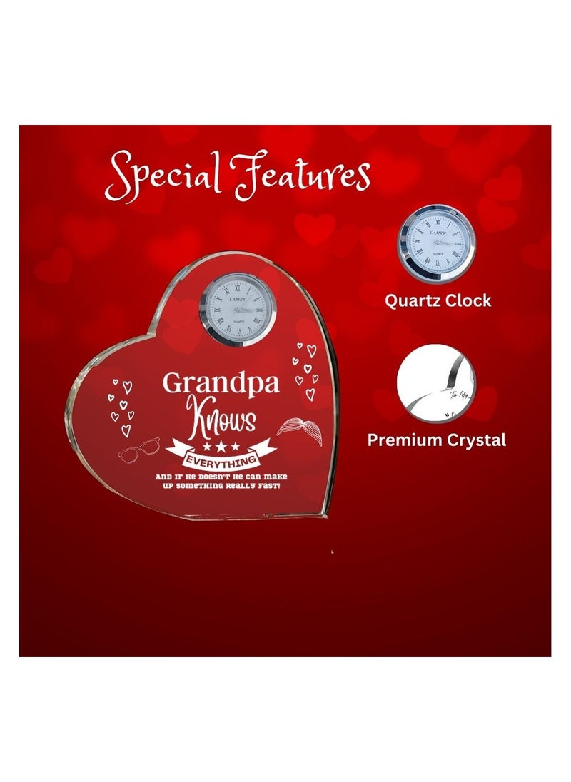 Grandpa Gift–Heart-Shaped Crystal Glass Clock Keepsake|Elegant Display For Home&Office|Thoughtful Gift For Grandfathers On Birthdays,Anniversaries