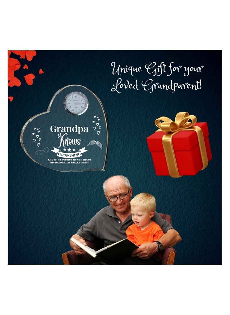 Grandpa Gift–Heart-Shaped Crystal Glass Clock Keepsake|Elegant Display For Home&Office|Thoughtful Gift For Grandfathers On Birthdays,Anniversaries