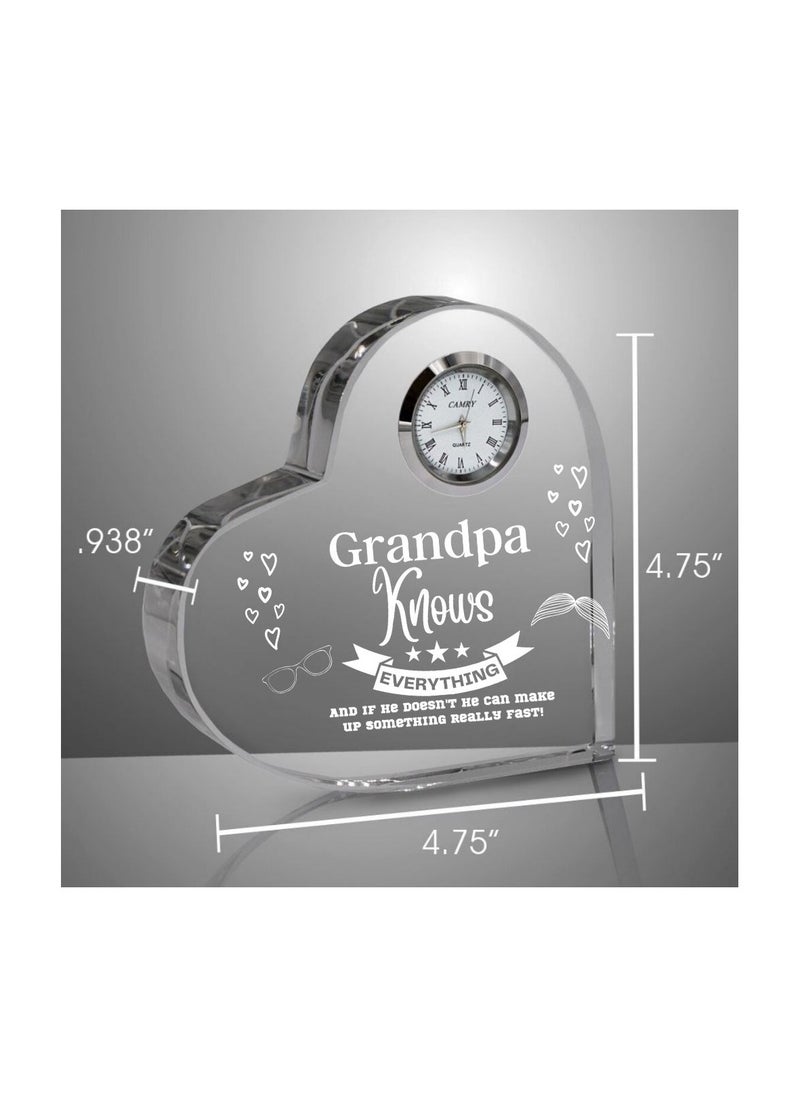 Grandpa Gift–Heart-Shaped Crystal Glass Clock Keepsake|Elegant Display For Home&Office|Thoughtful Gift For Grandfathers On Birthdays,Anniversaries