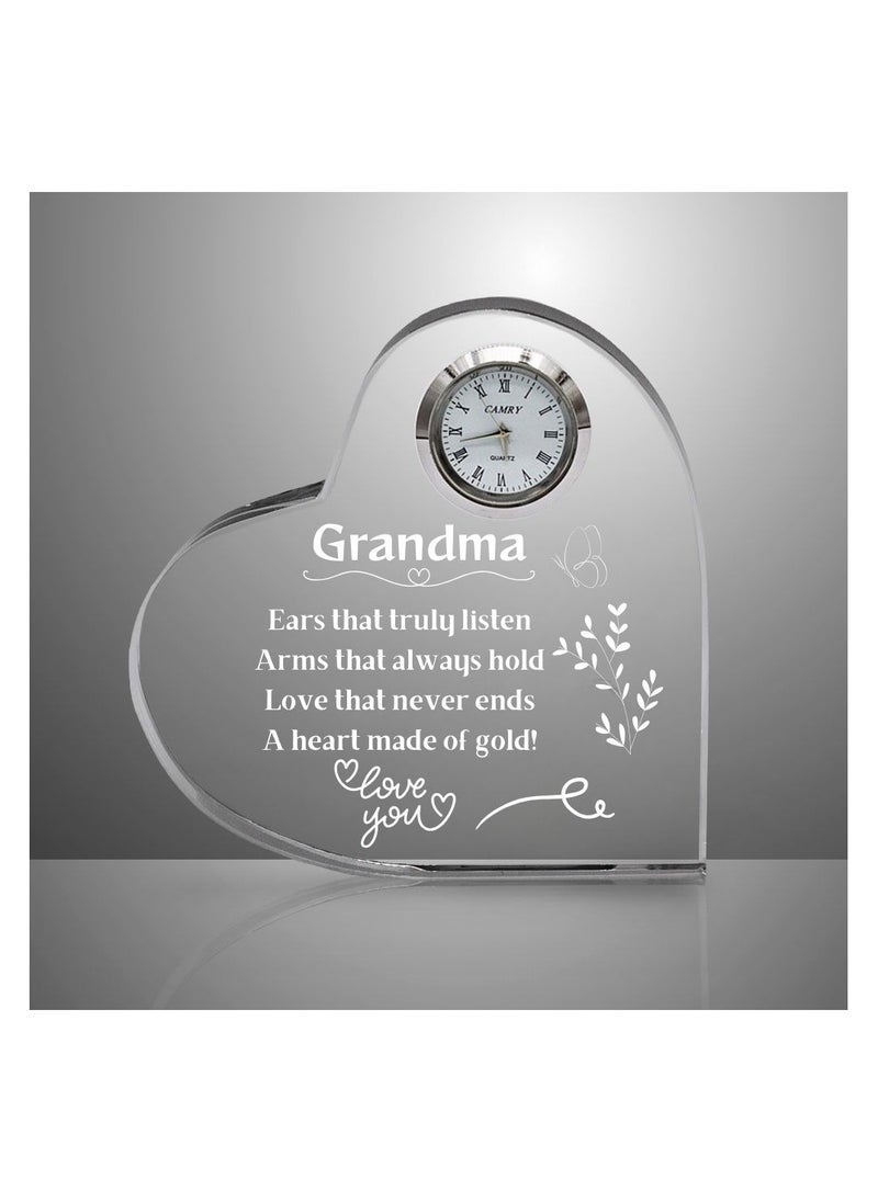 Grandma Gift–Heart-Shaped Crystal Glass Clock Keepsake|Elegant Display For Home& Office|Thoughtful Gift For Grandmothers On Birthdays,Anniversaries