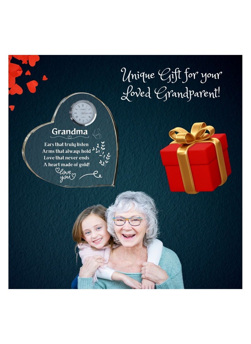 Grandma Gift–Heart-Shaped Crystal Glass Clock Keepsake|Elegant Display For Home& Office|Thoughtful Gift For Grandmothers On Birthdays,Anniversaries