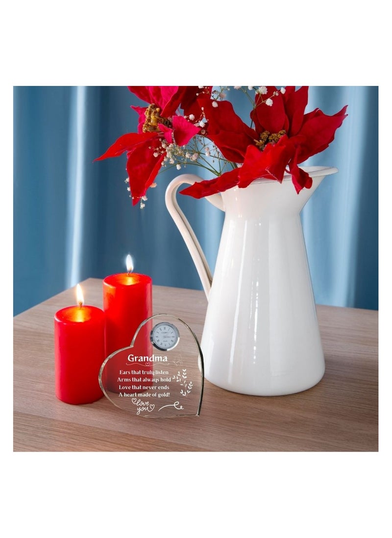 Grandma Gift–Heart-Shaped Crystal Glass Clock Keepsake|Elegant Display For Home& Office|Thoughtful Gift For Grandmothers On Birthdays,Anniversaries
