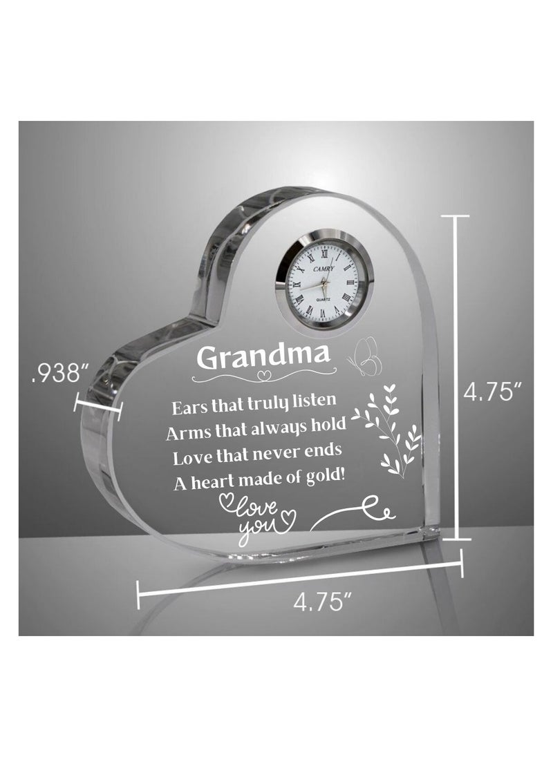 Grandma Gift–Heart-Shaped Crystal Glass Clock Keepsake|Elegant Display For Home& Office|Thoughtful Gift For Grandmothers On Birthdays,Anniversaries