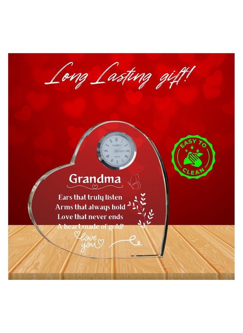 Grandma Gift–Heart-Shaped Crystal Glass Clock Keepsake|Elegant Display For Home& Office|Thoughtful Gift For Grandmothers On Birthdays,Anniversaries