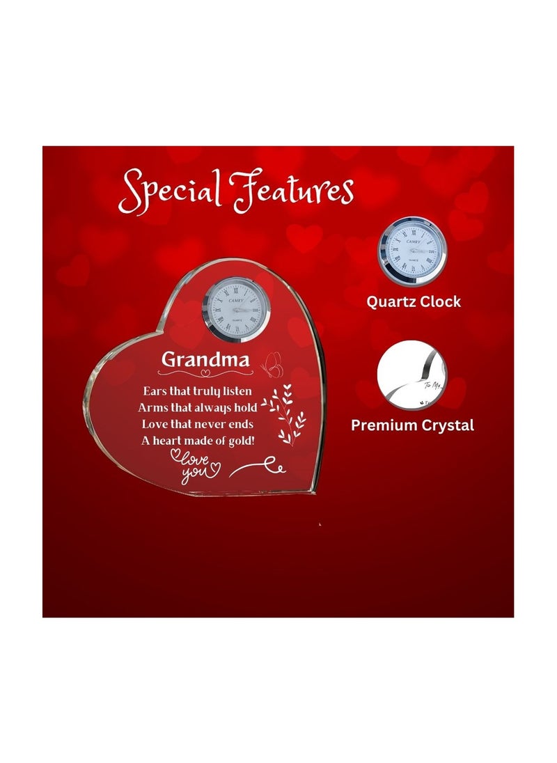 Grandma Gift–Heart-Shaped Crystal Glass Clock Keepsake|Elegant Display For Home& Office|Thoughtful Gift For Grandmothers On Birthdays,Anniversaries