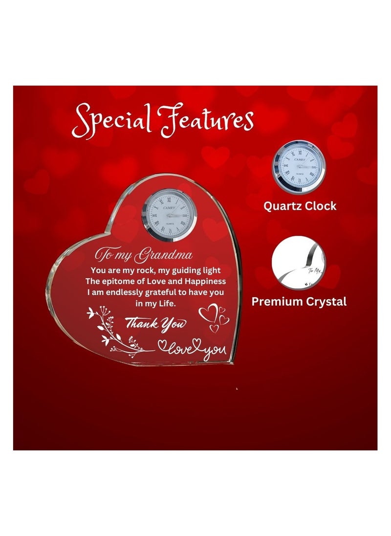 Grandma Gift–Heart-Shaped Crystal Glass Clock Keepsake|Elegant Display For Home& Office|Thoughtful Gift For Grandmothers On Birthdays,Anniversaries