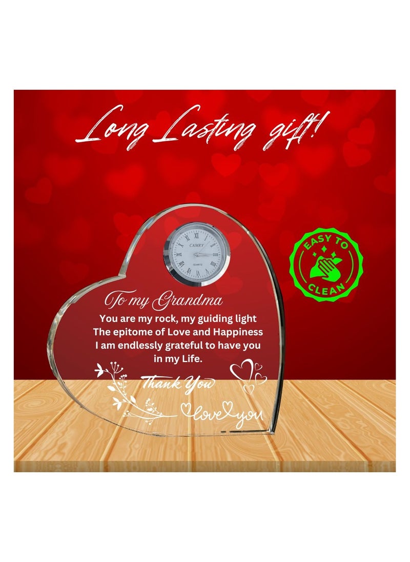 Grandma Gift–Heart-Shaped Crystal Glass Clock Keepsake|Elegant Display For Home& Office|Thoughtful Gift For Grandmothers On Birthdays,Anniversaries