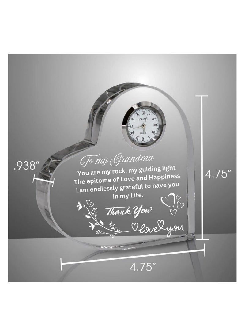 Grandma Gift–Heart-Shaped Crystal Glass Clock Keepsake|Elegant Display For Home& Office|Thoughtful Gift For Grandmothers On Birthdays,Anniversaries