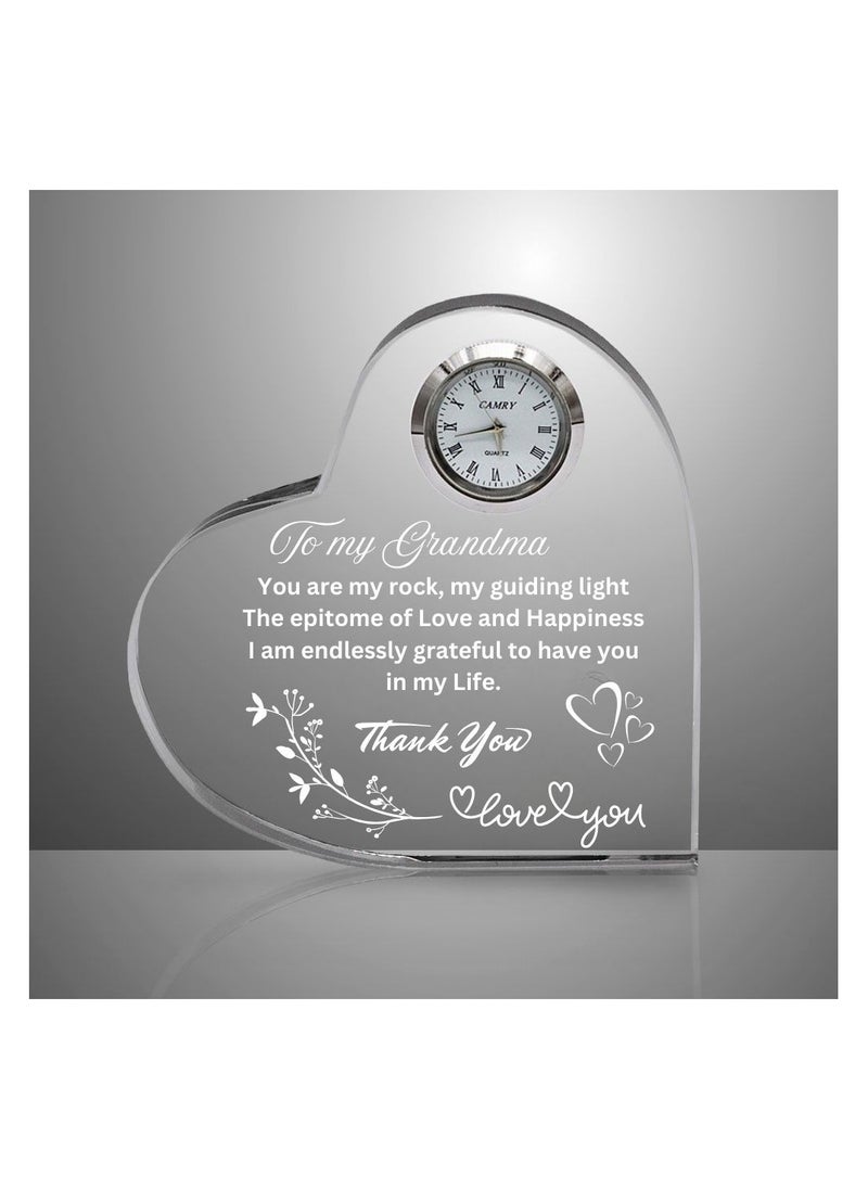 Grandma Gift–Heart-Shaped Crystal Glass Clock Keepsake|Elegant Display For Home& Office|Thoughtful Gift For Grandmothers On Birthdays,Anniversaries