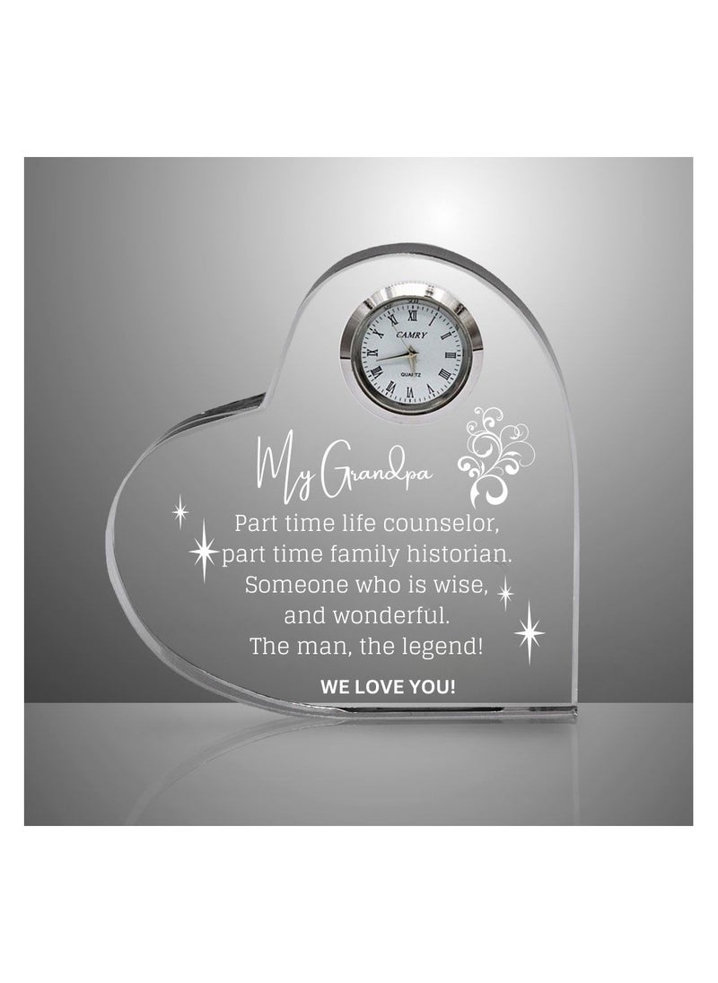 Grandpa Gift–Heart-Shaped Crystal Glass Clock Keepsake|Elegant Display For Home&Office|Thoughtful Gift For Grandfathers On Birthdays,Anniversaries