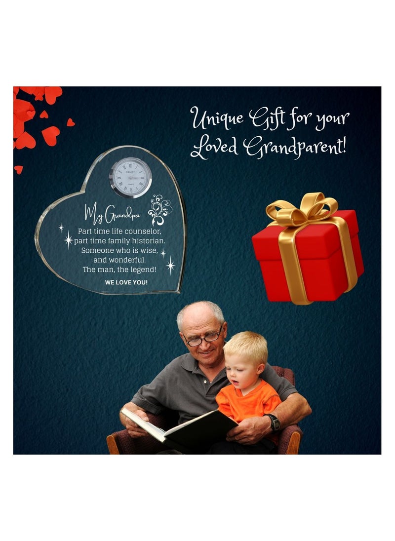 Grandpa Gift–Heart-Shaped Crystal Glass Clock Keepsake|Elegant Display For Home&Office|Thoughtful Gift For Grandfathers On Birthdays,Anniversaries