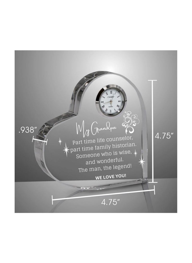 Grandpa Gift–Heart-Shaped Crystal Glass Clock Keepsake|Elegant Display For Home&Office|Thoughtful Gift For Grandfathers On Birthdays,Anniversaries