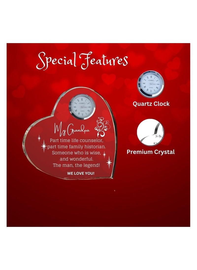 Grandpa Gift–Heart-Shaped Crystal Glass Clock Keepsake|Elegant Display For Home&Office|Thoughtful Gift For Grandfathers On Birthdays,Anniversaries