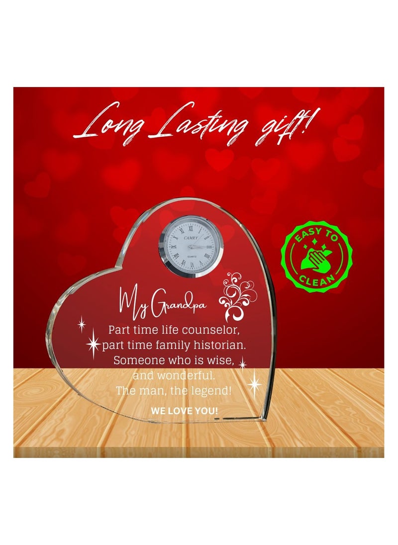 Grandpa Gift–Heart-Shaped Crystal Glass Clock Keepsake|Elegant Display For Home&Office|Thoughtful Gift For Grandfathers On Birthdays,Anniversaries