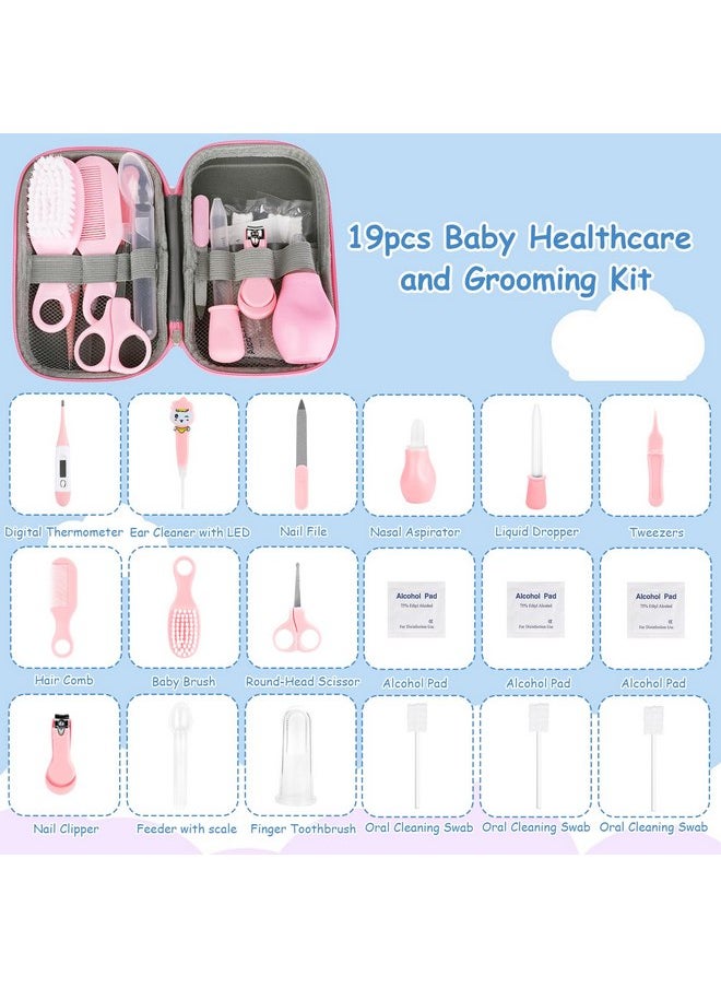 Baby Healthcare and Grooming Kit, Baby Nursery Health Care Set with Hair Brush Comb, Nail Clipper, Pacifier Clip, Nasal Aspirator Baby Essentials for Newborn Infant Baby Girls Boys (19 in 1, Pink)