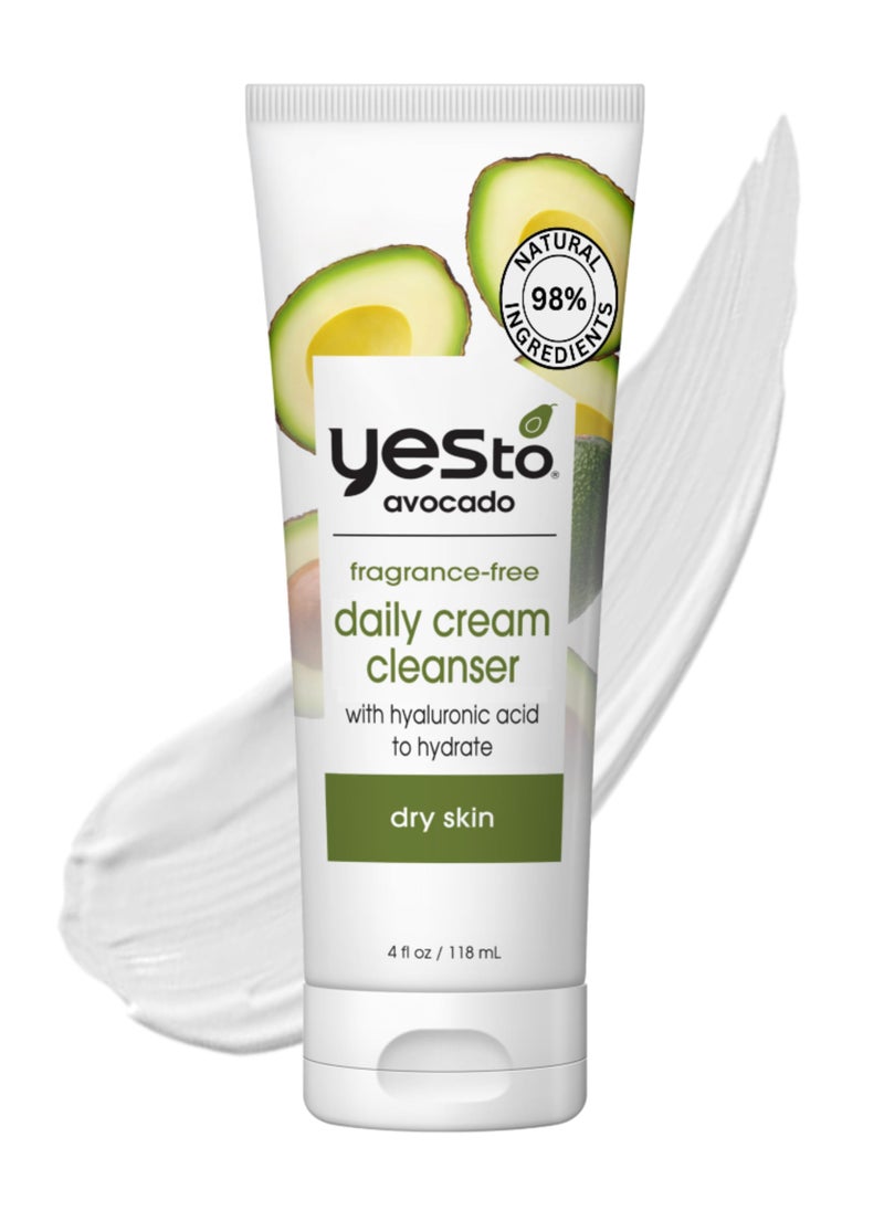 Yes To Avocado Fragrance Free Daily Cream Cleanser Hydrating Face Wash That Removes Makeup  Impurities Leaving Skin Moisturized With Hyaluronic Acid  Glycerin Natural Vegan  Cruelty Free 4 Fl Oz