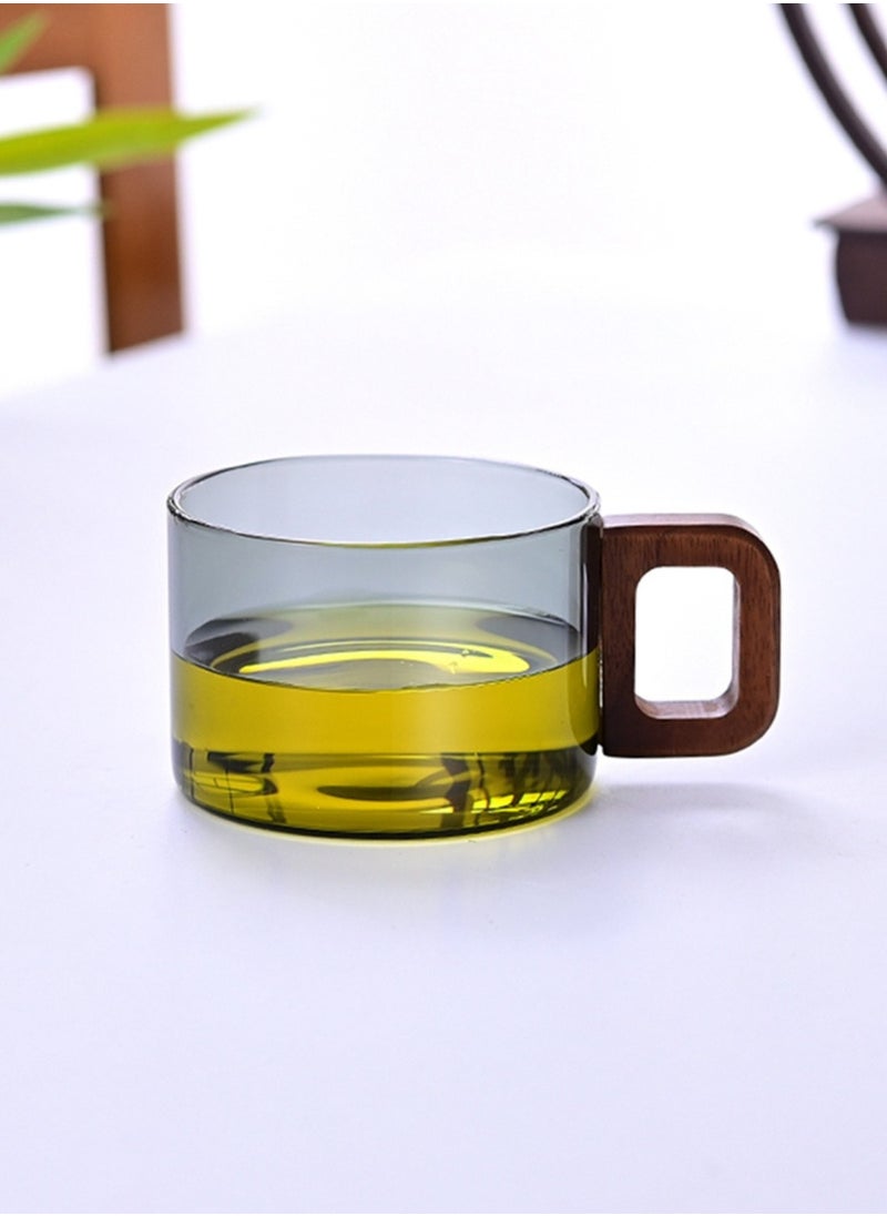 Borosilicate Glass Cups – Smoky Grey (Set of 4) | 200ml | Walnut Acacia Wooden Handle | Heat-Resistant & Elegant Glassware for Tea, Coffee & More