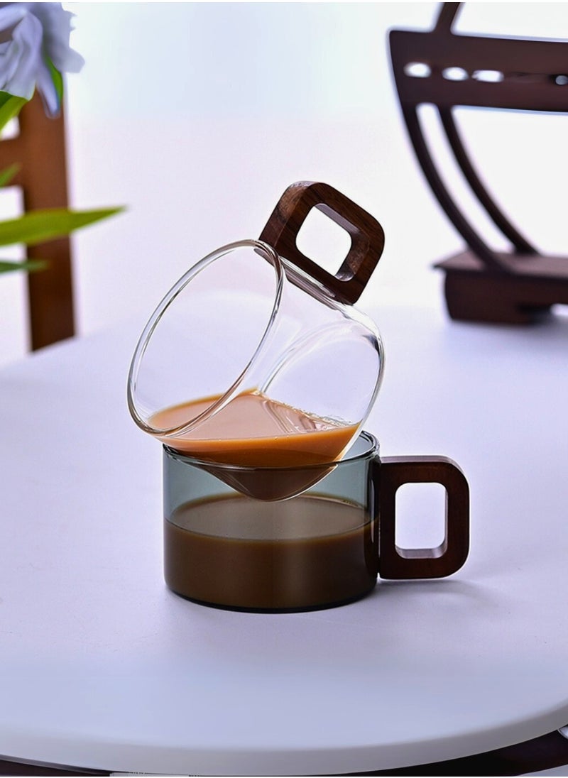 Borosilicate Glass Cups – Smoky Grey (Set of 4) | 200ml | Walnut Acacia Wooden Handle | Heat-Resistant & Elegant Glassware for Tea, Coffee & More