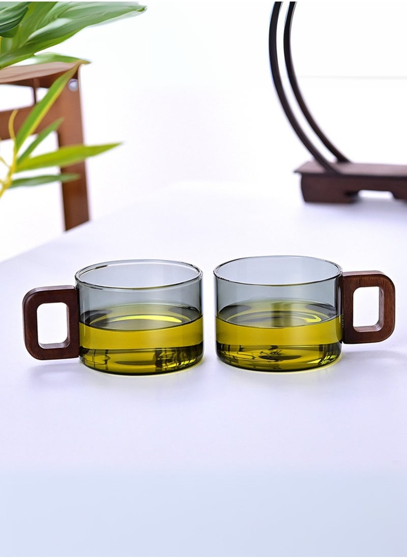 Borosilicate Glass Cups – Smoky Grey (Set of 4) | 200ml | Walnut Acacia Wooden Handle | Heat-Resistant & Elegant Glassware for Tea, Coffee & More