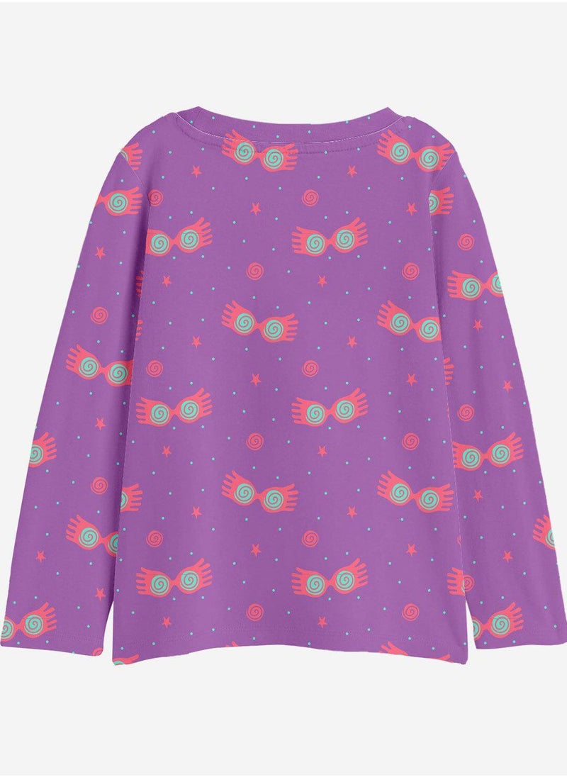 Regular Fit Printed Purple Cotton Shirt For Girls Round Neck Flat Collar Pull On 100 % Cotton