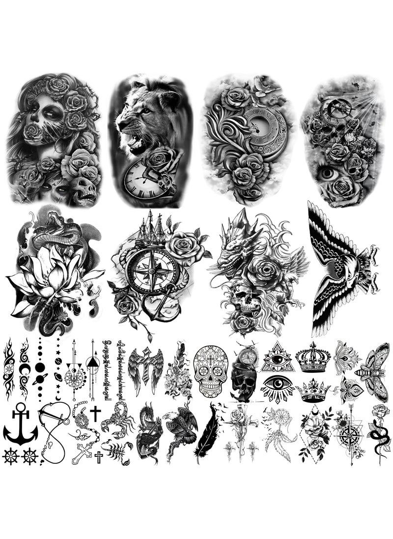 Yazhiji 32 Sheets Temporary Tattoos Stickers 8 Sheets Fake Body Arm Chest Shoulder Tattoos for Men Women with 24 Sheets Tiny Black Temporary Tattoos