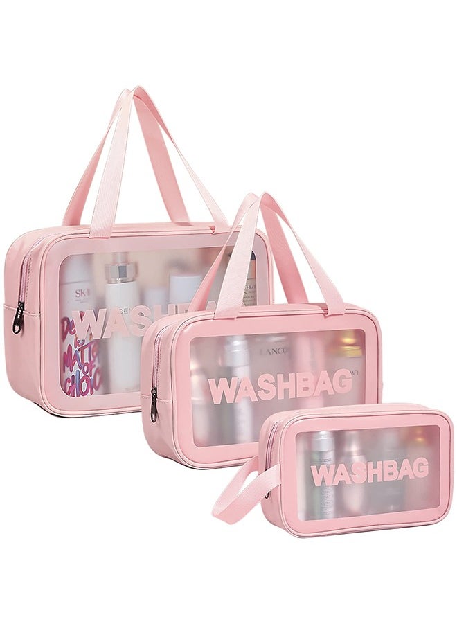 Toiletry Bag for Women Men, 3Pcs Clear Waterproof Makeup Cosmetic Bags for Traveling, Transparent Travel Organizer for Accessories, Toiletries (Pink)