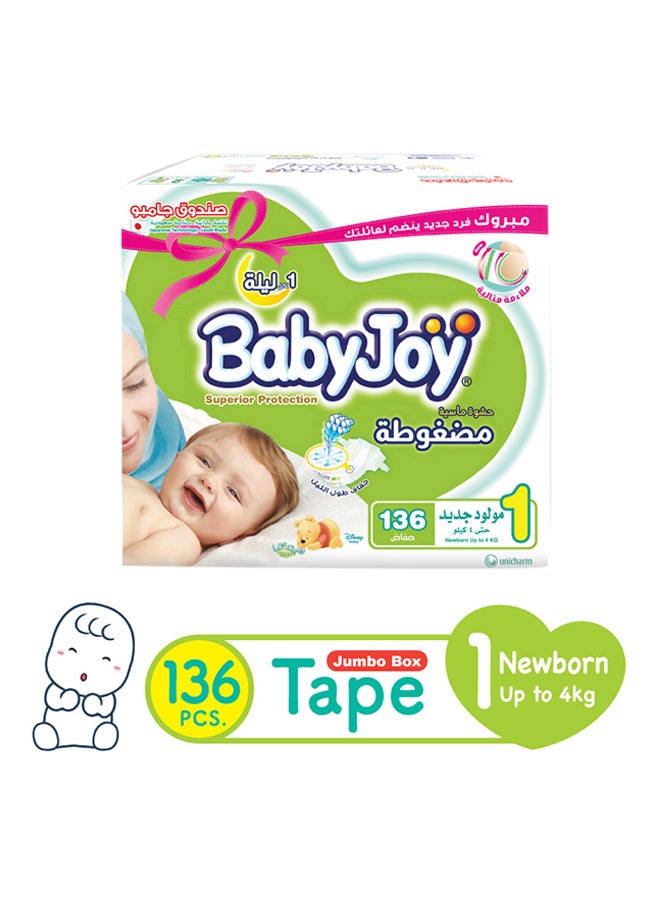 Compressed Diamond Pad Newborn Diapers, Jumbo Pack, Size 1(Upto 4 Kg), 136 Count