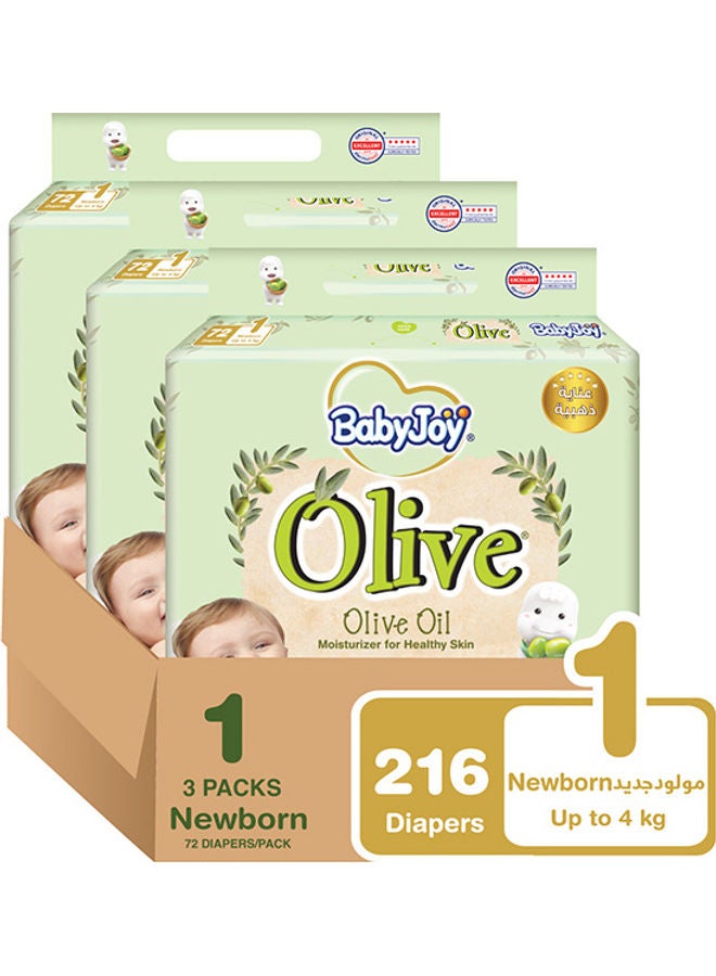 Olive Tape Diaper, Size 1, Newborn, 0-4 Kg, Mega Box, 216 Diapers Pack Of 3