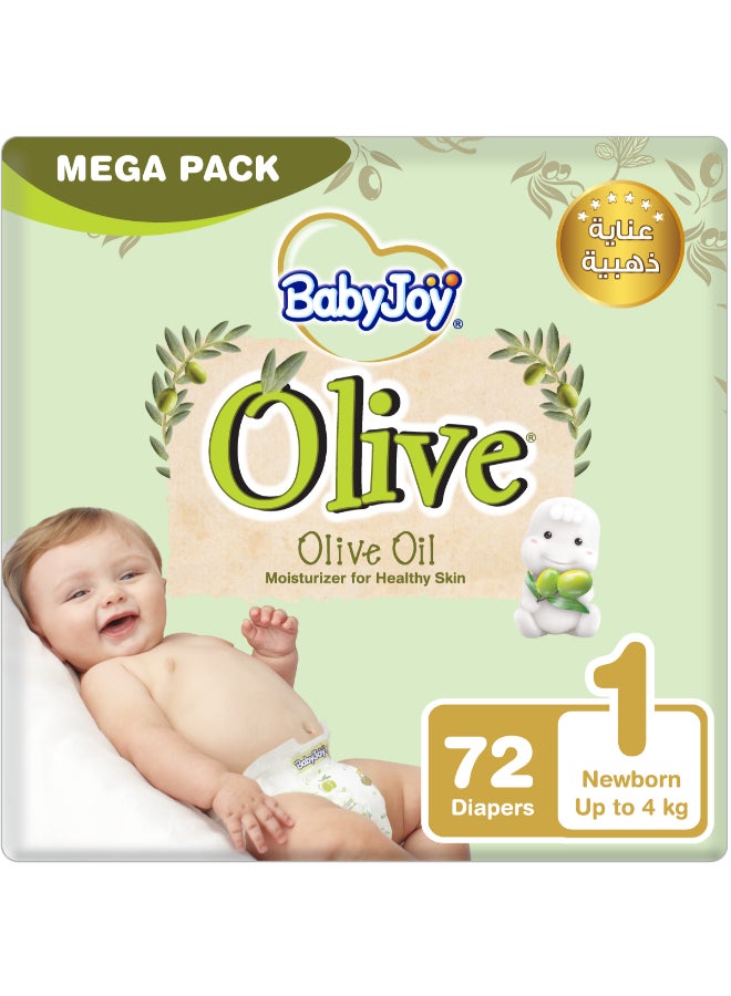 Olive Tape Diaper, Size 1, Newborn, 0-4 Kg, Mega Pack, 72 Diapers