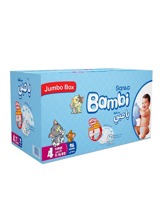 Sanita Bambi Baby Diapers, Size 4, Large 8-16 kg, Jumbo Box, 96 Diapers