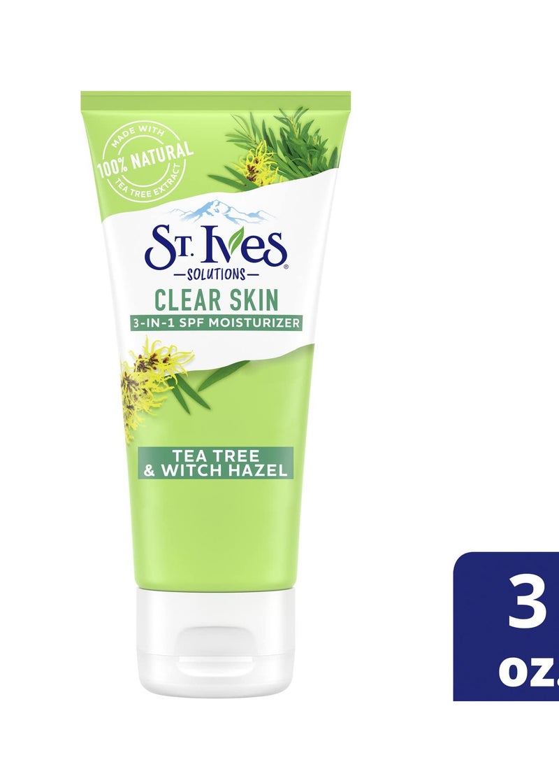 St. Ives Clear Skin Lotion - 3-in-1 SPF 25 Face Moisturizer for Acne Prone, Oily, or Combo Skin, Lightweight Sheer Daily Face Lotion with Tea Tree Extract & Witch Hazel, 3 Fl Oz