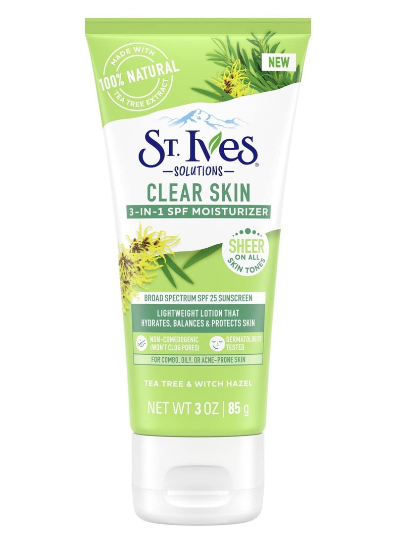 St. Ives Clear Skin Lotion - 3-in-1 SPF 25 Face Moisturizer for Acne Prone, Oily, or Combo Skin, Lightweight Sheer Daily Face Lotion with Tea Tree Extract & Witch Hazel, 3 Fl Oz