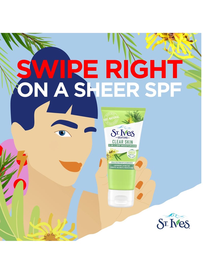 St. Ives Clear Skin Lotion - 3-in-1 SPF 25 Face Moisturizer for Acne Prone, Oily, or Combo Skin, Lightweight Sheer Daily Face Lotion with Tea Tree Extract & Witch Hazel, 3 Fl Oz